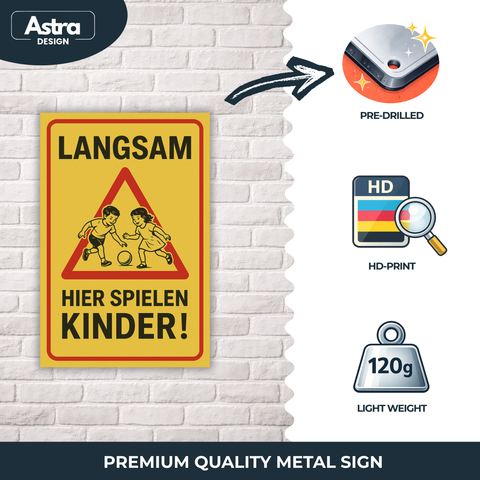 Hier spielen Kinder Blechschild Gelb/Rot- 20x30cm