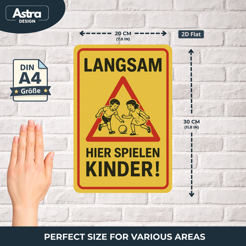 Hier spielen Kinder Blechschild Gelb/Rot- 20x30cm