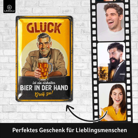 LANOLU Blechschild Glück Bier In Hand 20x30cm