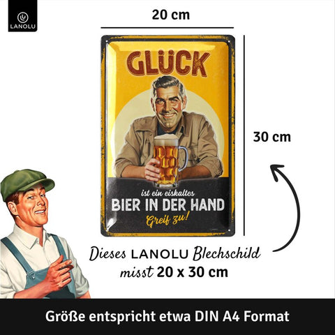 LANOLU Blechschild Glück Bier In Hand 20x30cm