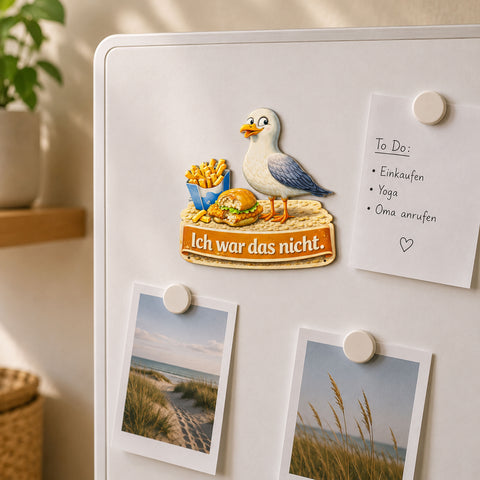 Kühlschrankmagnet Möwe „Ich war das nicht.“ 3D Dekomagnet Küste – 7x7cm