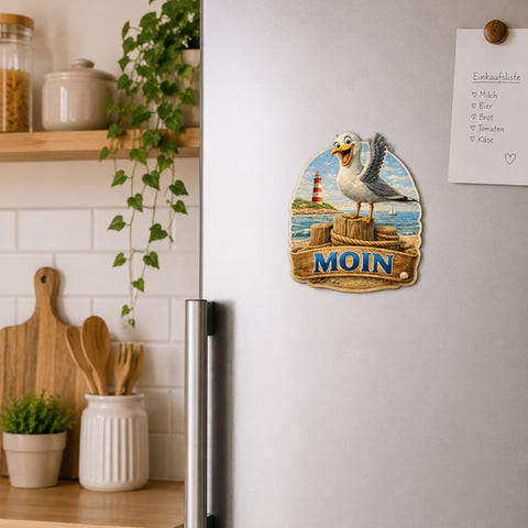 Kühlschrankmagnet Möwe „MOIN“ 3D Dekomagnet Küste – 7x7cm