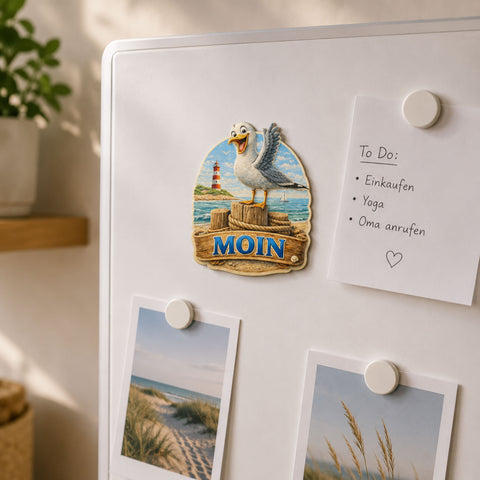 Kühlschrankmagnet Möwe „MOIN“ 3D Dekomagnet Küste – 7x7cm