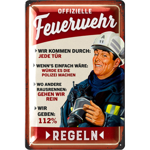 Blechschild Feuerwehr Regeln rot