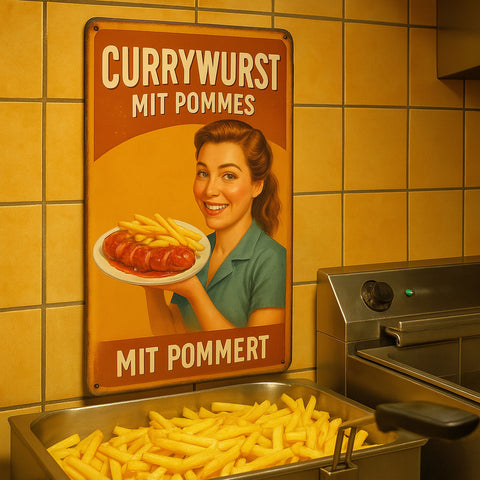 Currywurst mit Pommes Blechschild Gelb/Rot - 20x30cm