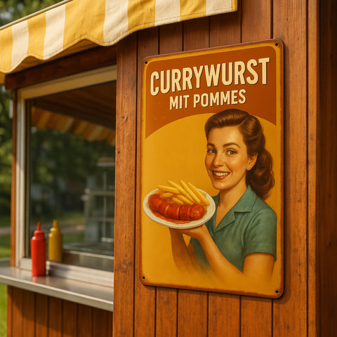 Currywurst mit Pommes Blechschild Gelb/Rot - 20x30cm