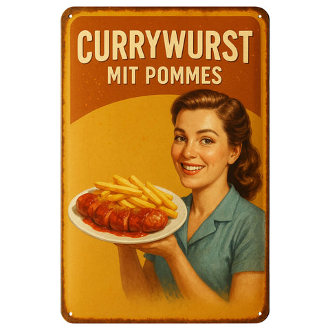 Currywurst mit Pommes Blechschild Gelb/Rot - 20x30cm
