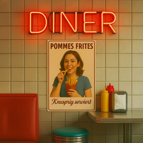 Pommes Frites Blechschild knusprig serviert - 20x30cm