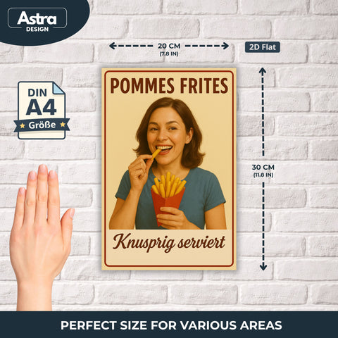 Pommes Frites Blechschild knusprig serviert - 20x30cm