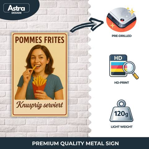 Pommes Frites Blechschild knusprig serviert - 20x30cm