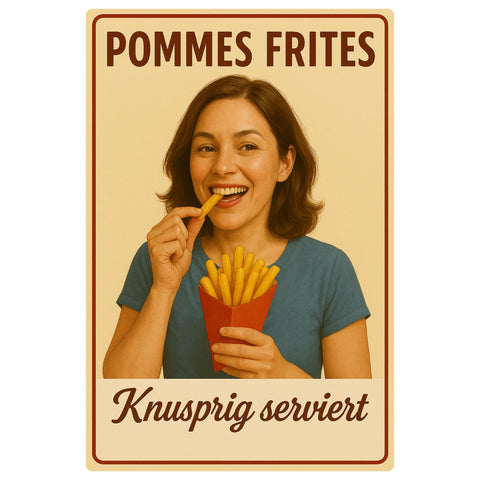Pommes Frites Blechschild knusprig serviert - 20x30cm