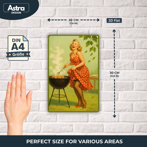 Retro Frau am Grill Blechschild - 20x30cm