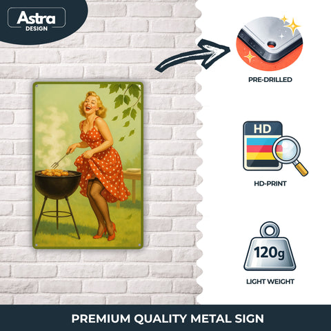 Retro Frau am Grill Blechschild - 20x30cm