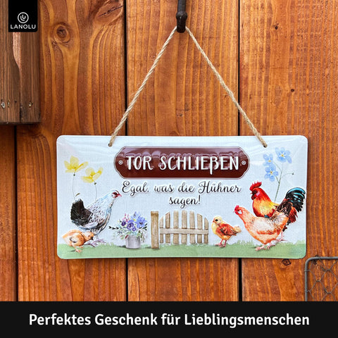 Blechschild Tor Schließen Hühner