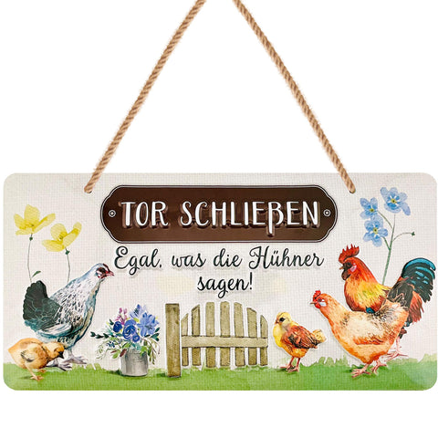 Blechschild Tor Schließen Hühner