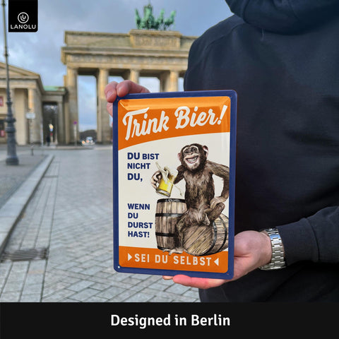 Blechschild Trink Bier Affe