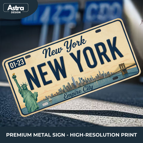 Blechschild 15x30cm – New York Empire City Retro USA Nummernschild Skyline Freiheitsstatue