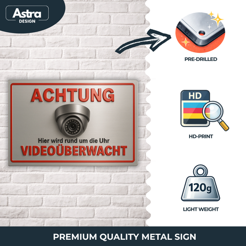 Videoüberwacht Blechschild Silber/Rot - 20x30cm