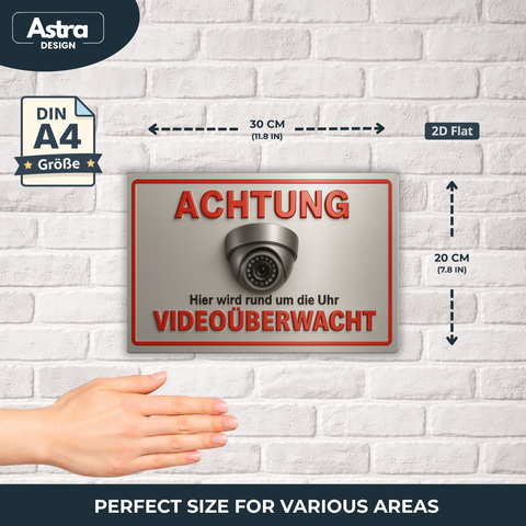 Videoüberwacht Blechschild Silber/Rot - 20x30cm