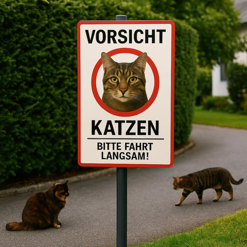 Vorsicht Katzen Blechschild Weiß/Rot - 20x30cm
