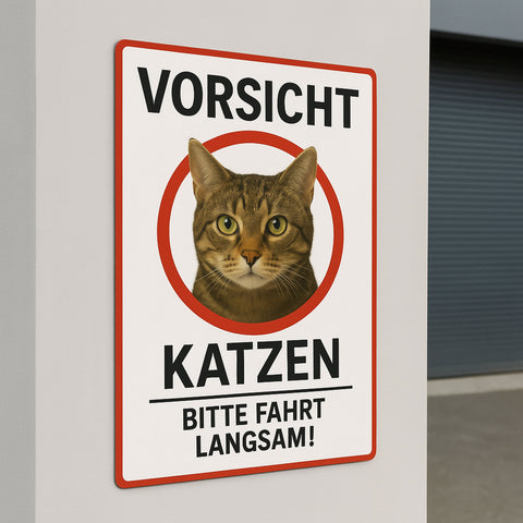 Vorsicht Katzen Blechschild Weiß/Rot - 20x30cm