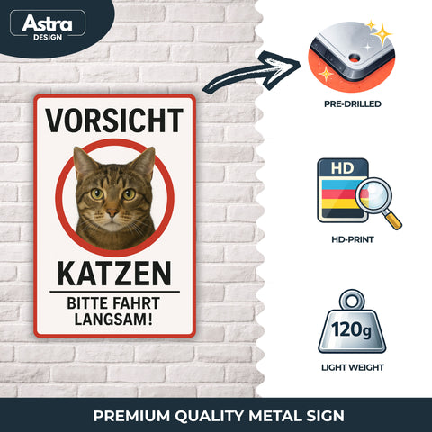 Vorsicht Katzen Blechschild Weiß/Rot - 20x30cm