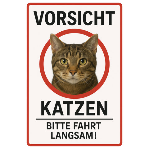Vorsicht Katzen Blechschild Weiß/Rot - 20x30cm