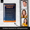 Blechschild Werkstattregeln blau