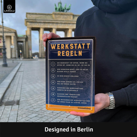 Blechschild Werkstattregeln blau