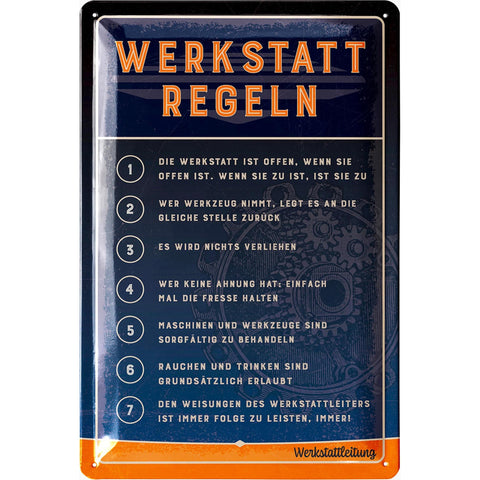 Blechschild Werkstattregeln blau